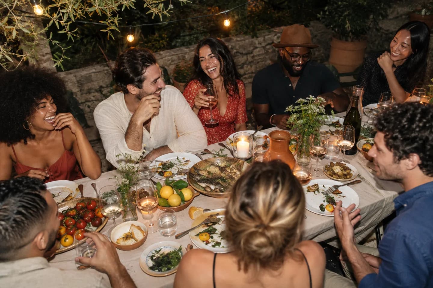 Friends sharing food and conversation around a long outdoor dinner table