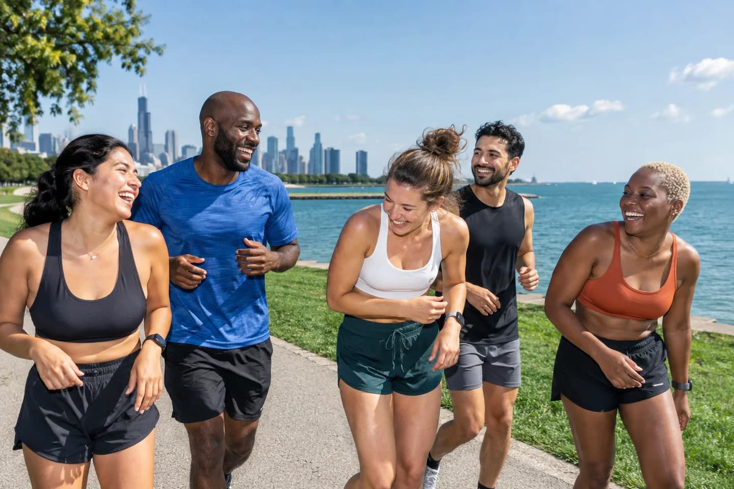 A group of friends jogging together beside a lake on a sunny morning